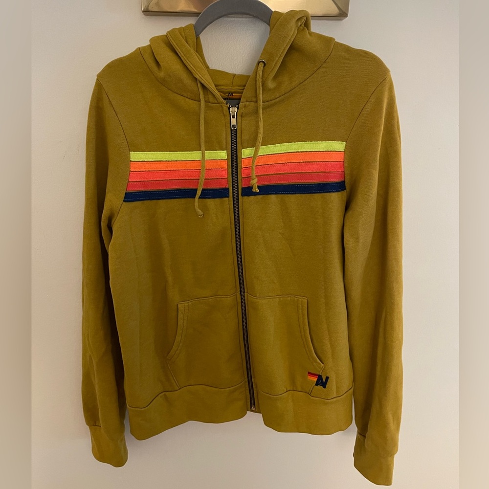 AVIATOR NATION 5 NEON STRIPE ZIP HOODIE HONEY MEDIUM